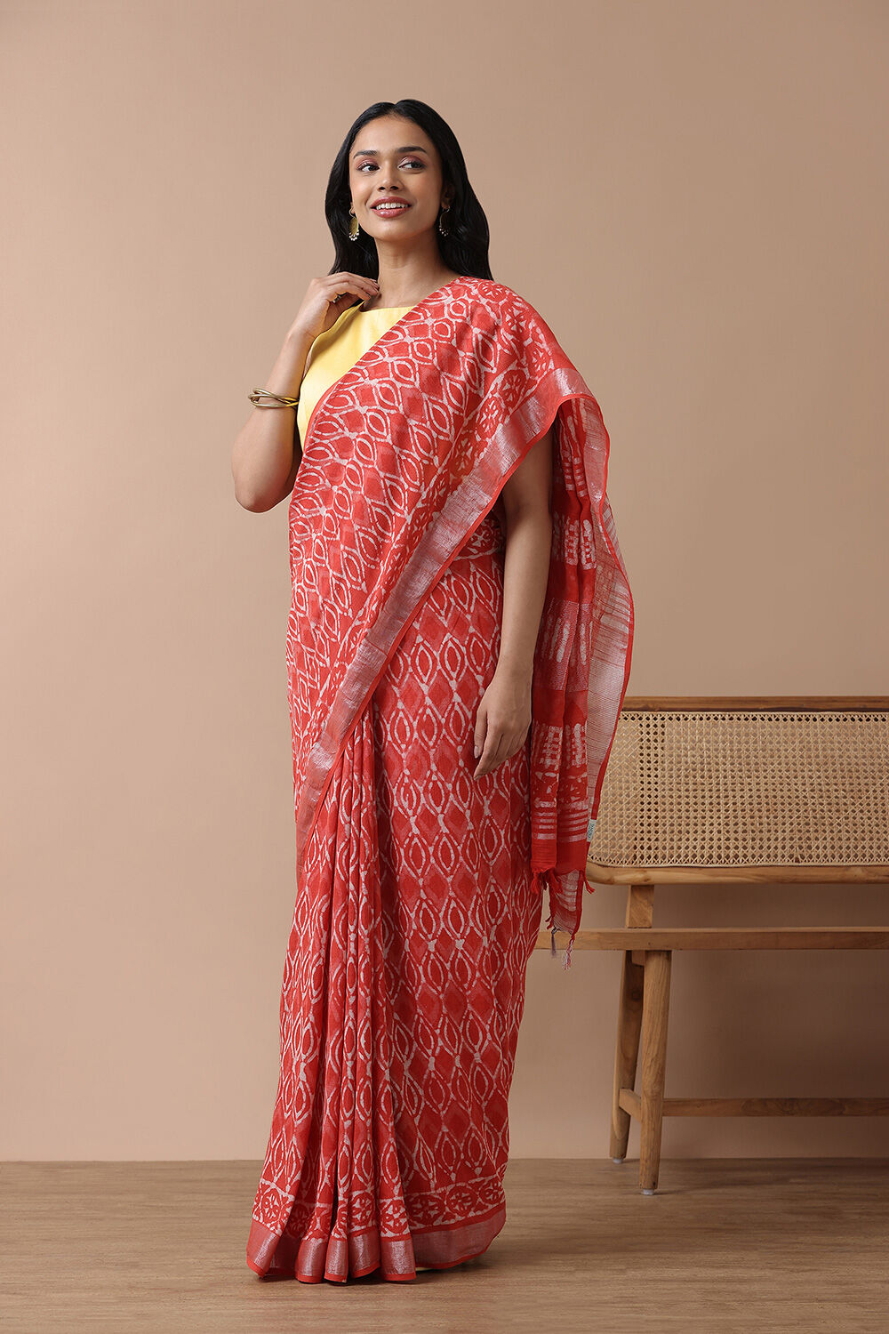 Red Cotton Viscose Rajasthan Block Printed Saree image number null
