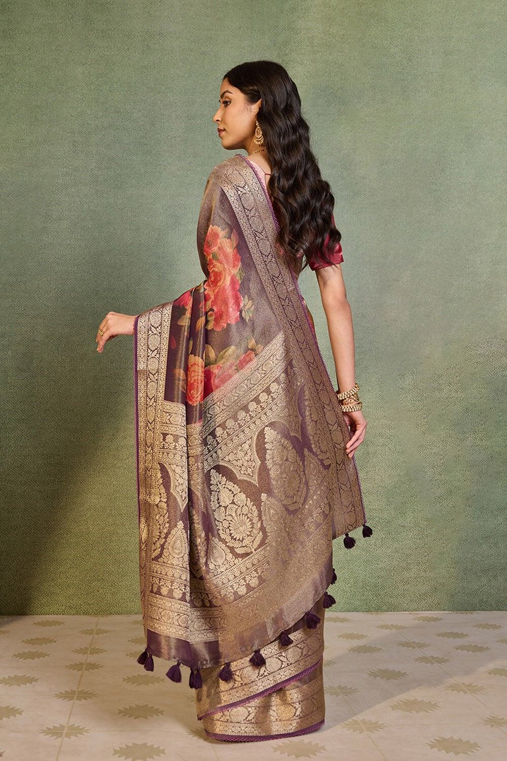 Purple Printed Viscose Tissue Saree image number null