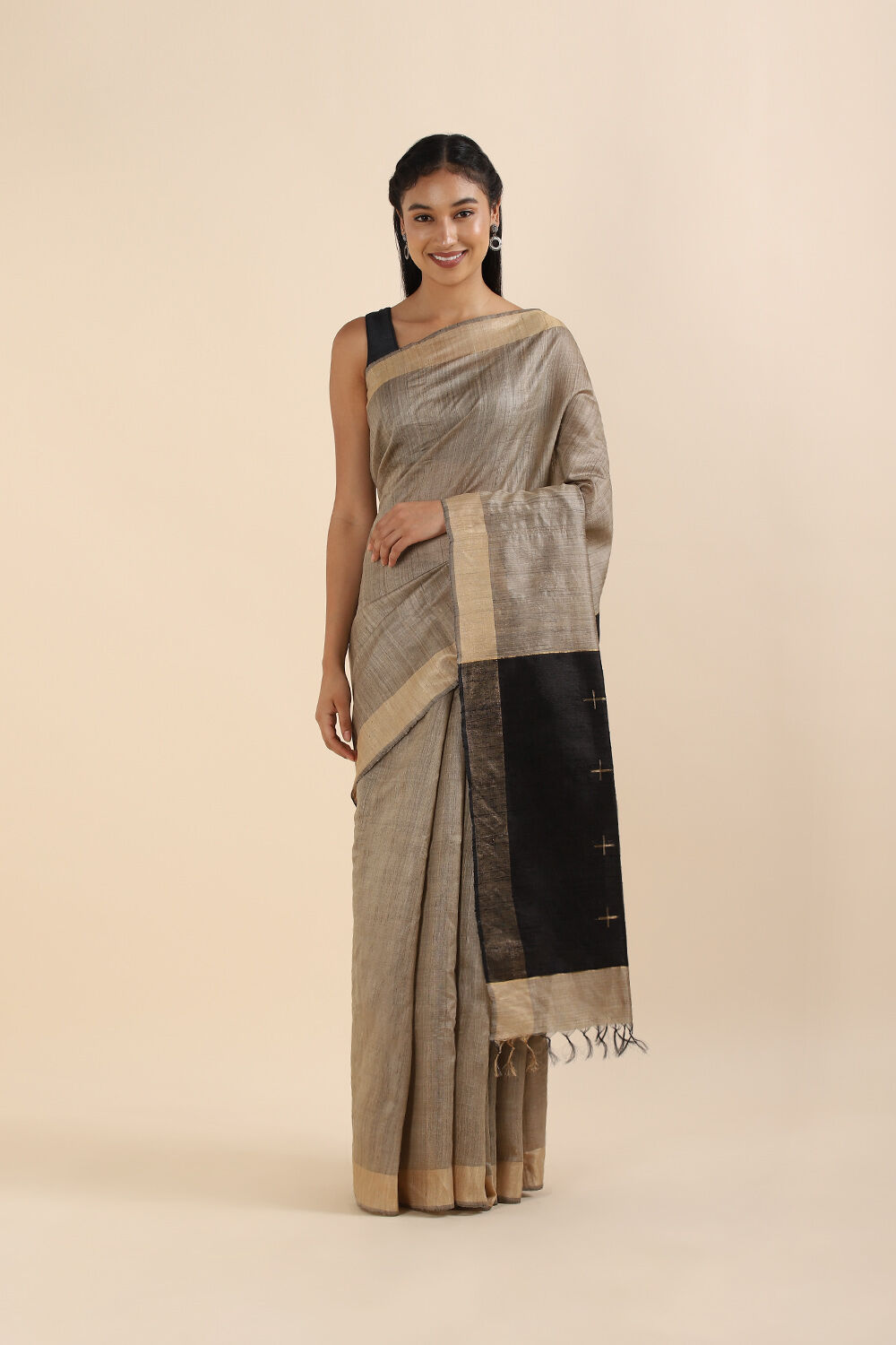 Beige Pure Tussar Silk Bhagalpuri Saree image number null