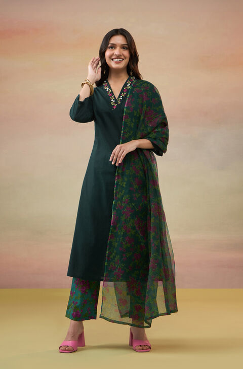 Blue Pure Cotton Embroidered Kurta Set