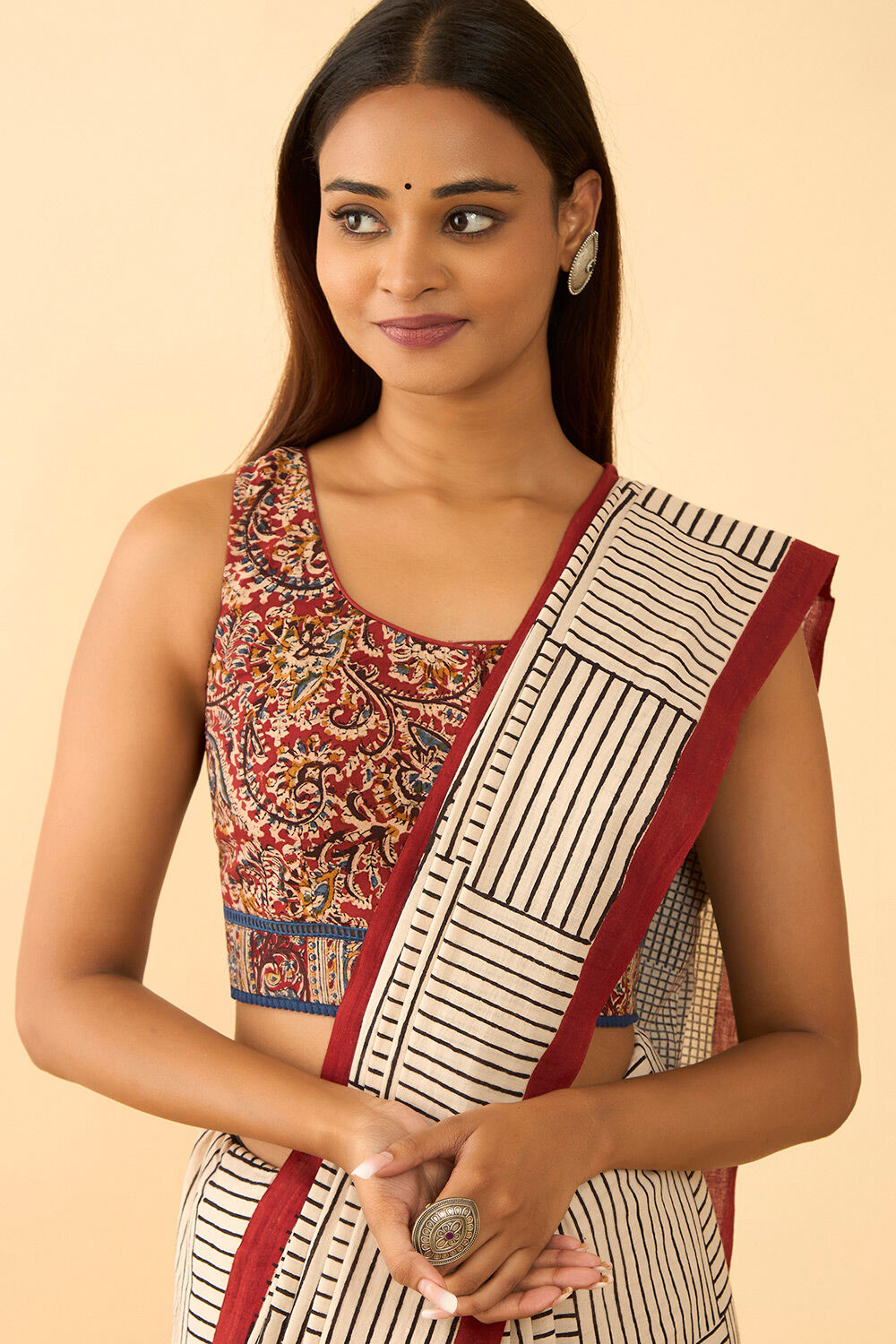Dark Red Printed Kalamkari Pure Cotton Blouse image number null