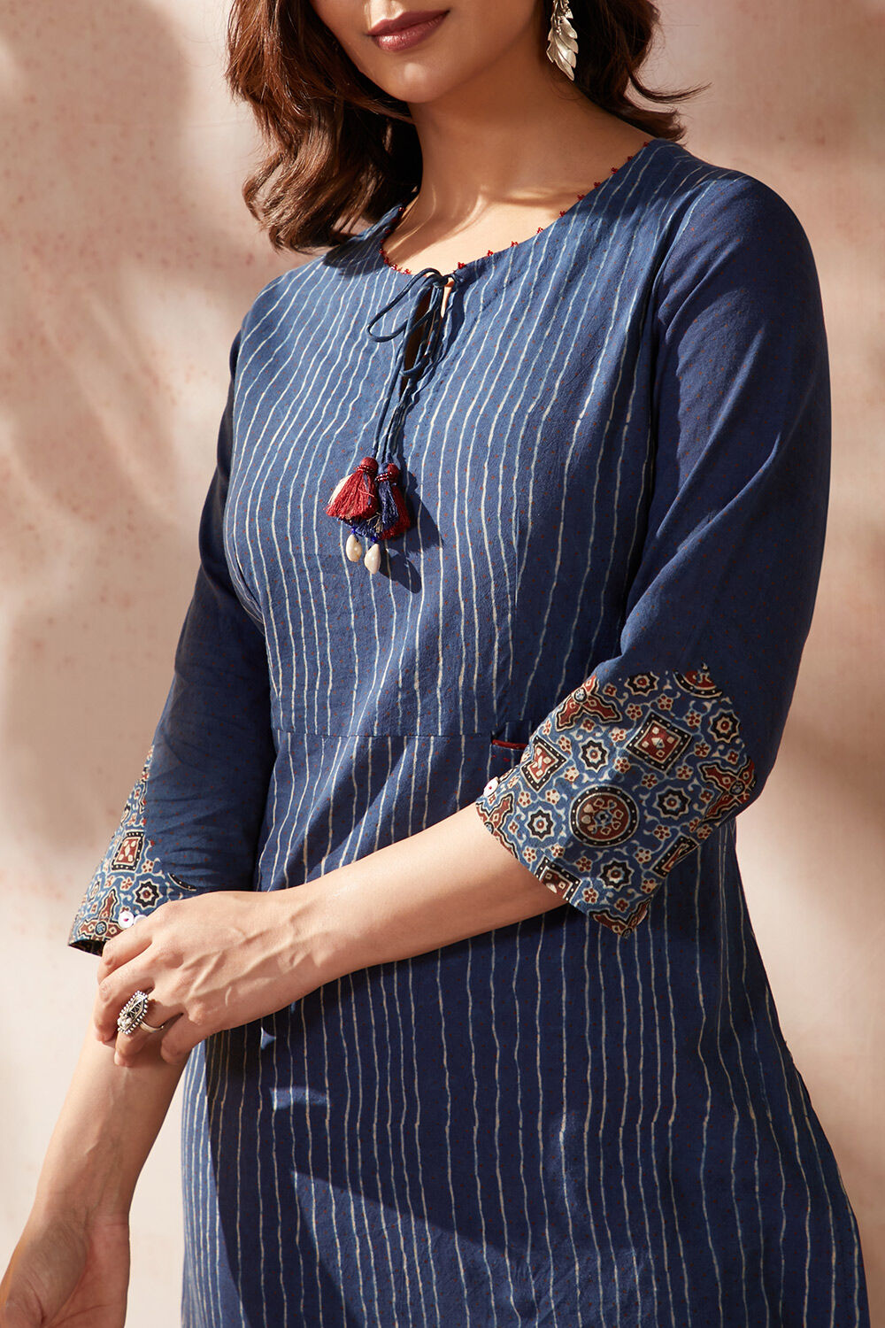 Blue Pure Cotton Ajrakh Bandhani Kurta image number null