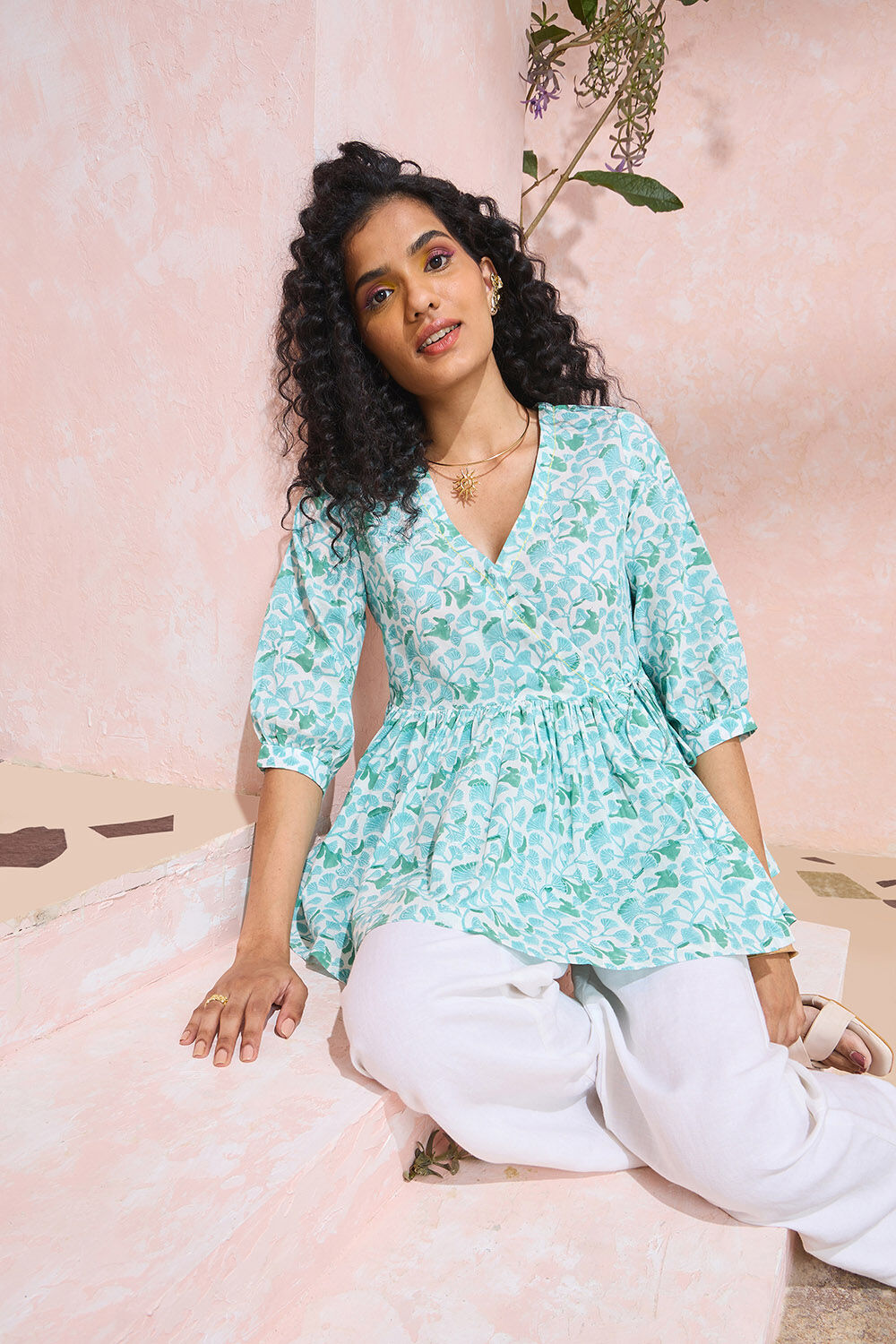 Green Block Printed Pure Cotton Short Top image number null