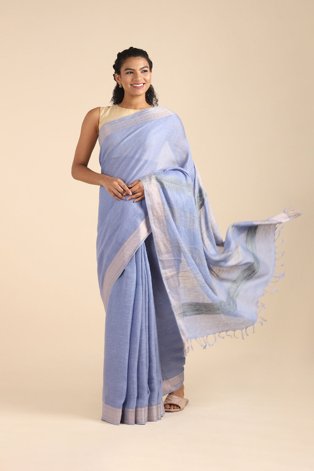 Blue Pure Cotton Linen Bhagalpuri Saree image number null