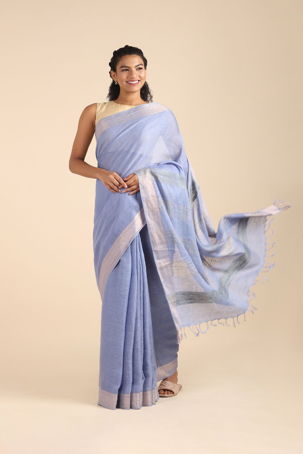 Blue Pure Cotton Linen Bhagalpuri Saree image number null