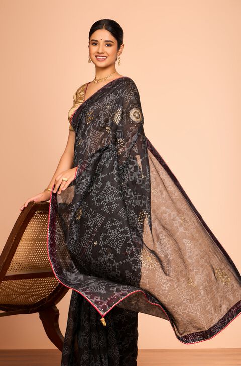 Black Printed Embroidered Pure Silk Cotton Saree