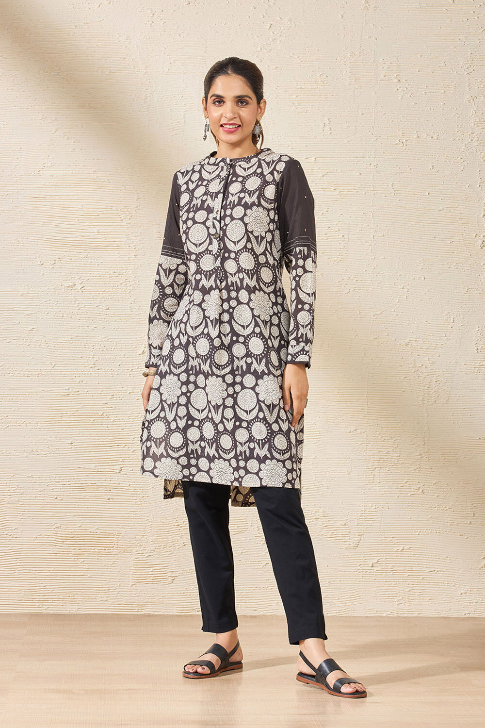 Black Pure Cotton Printed Sanganeri Kurta image number null