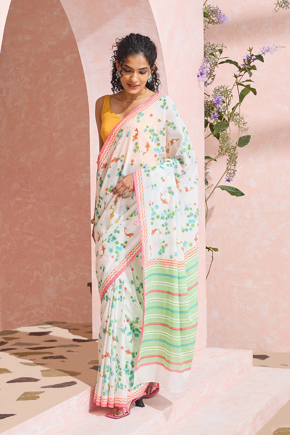 Off White Rajasthan Pure Cotton Printed Sanganeri Saree image number null