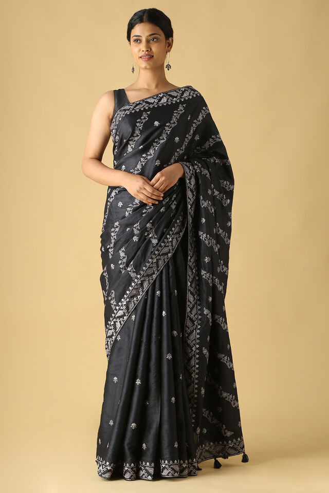 Black Pure Tussar Silk Embroidered Saree