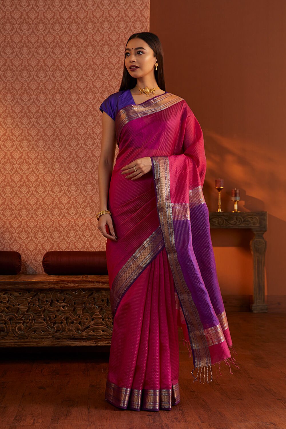 Pink Woven Silk Maheshwari Saree image number null