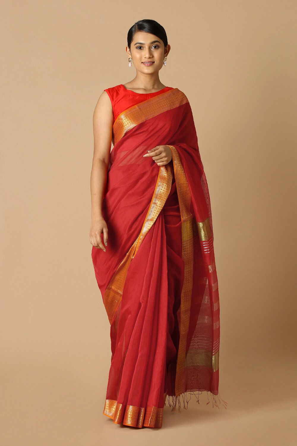 Red Pure Silk Cotton Maheswari Saree image number null