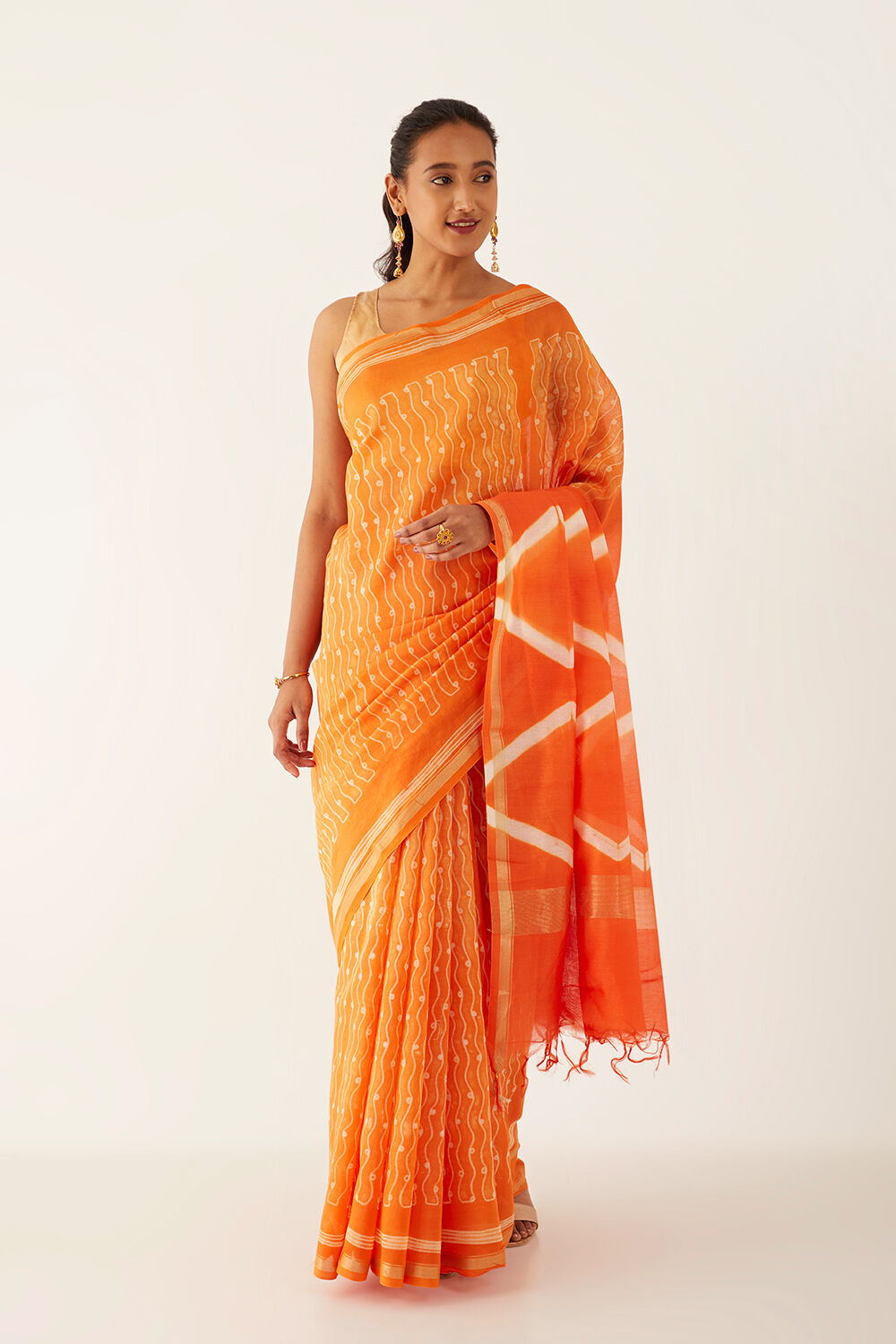 Orange Pure Silk Cotton Shibori Saree image number null