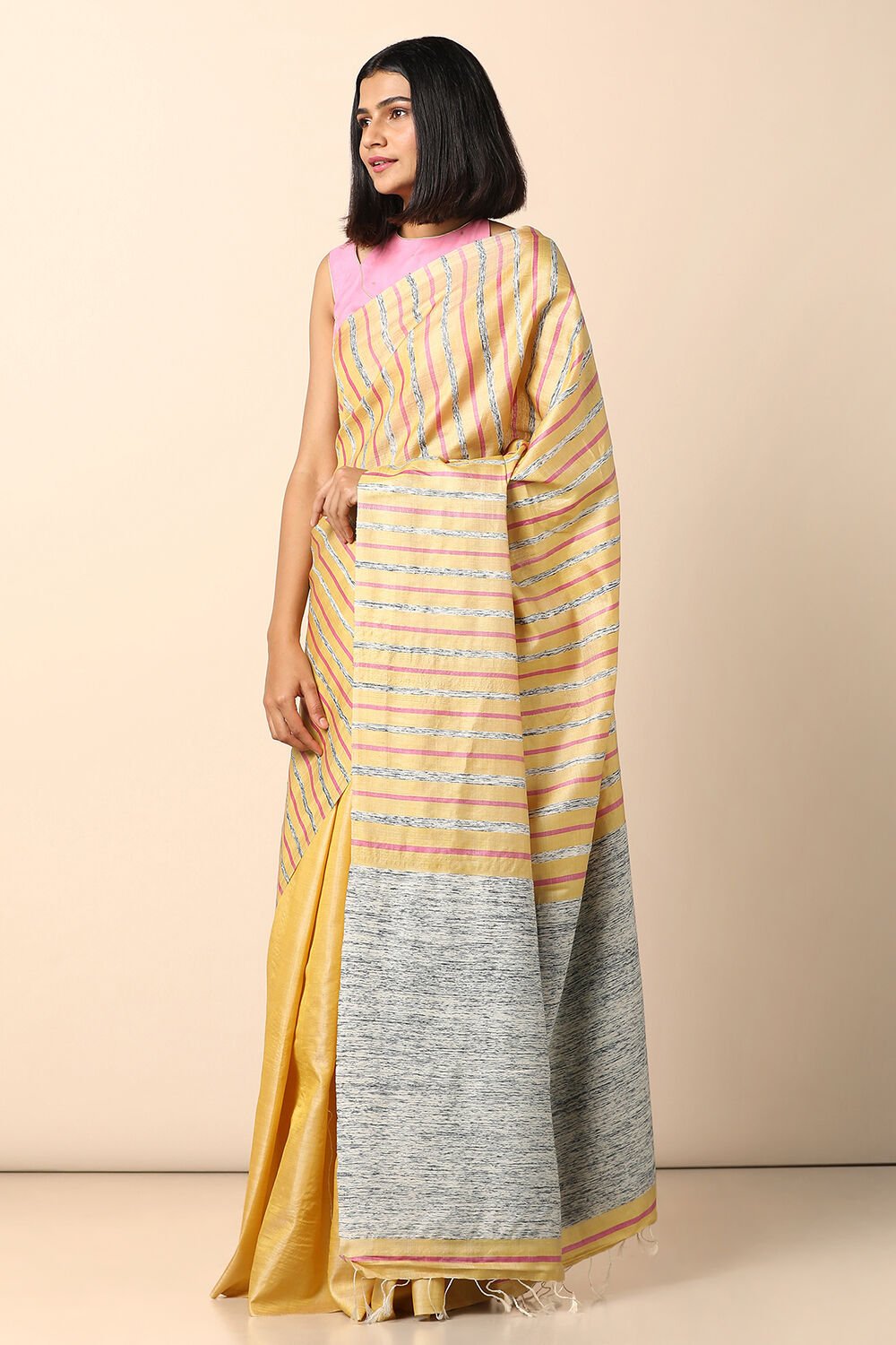 Yellow Pure Tussar Silk Woven Saree image number null