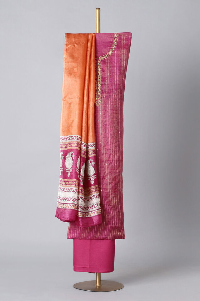 Dark Pink Tissue Embroidered Unstitched Suit Set