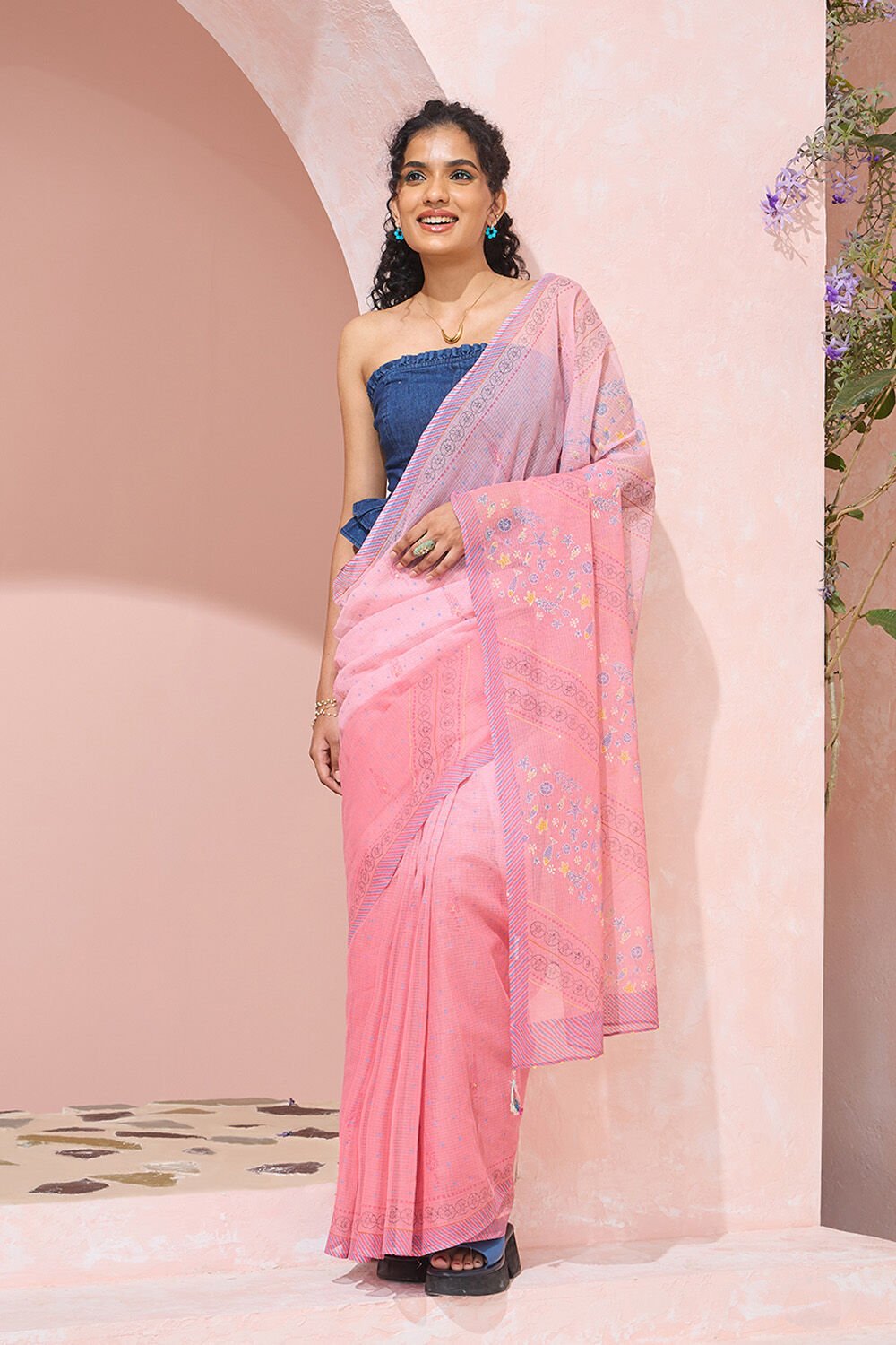 Light Pink Bengal Embroidered Pure Cotton Kota Saree image number null