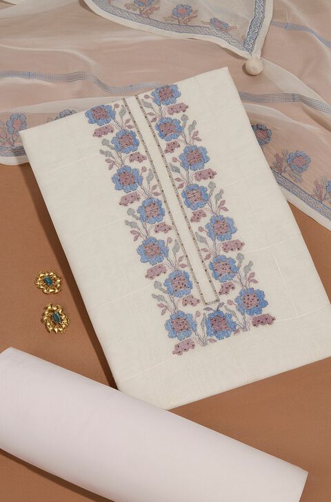 Off White Pure Cotton Linen Embroidered Unstitched Suit Set