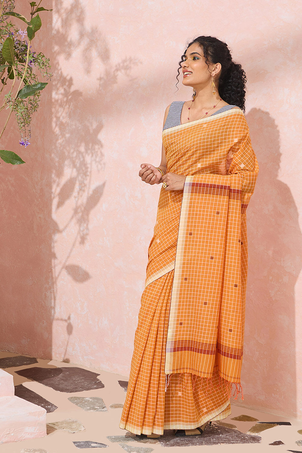 Dark Orange Bengal Pure Cotton Jamdani Saree image number null