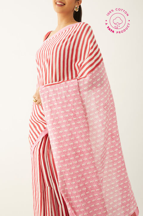 Pink Pure Cotton Block Print Saree