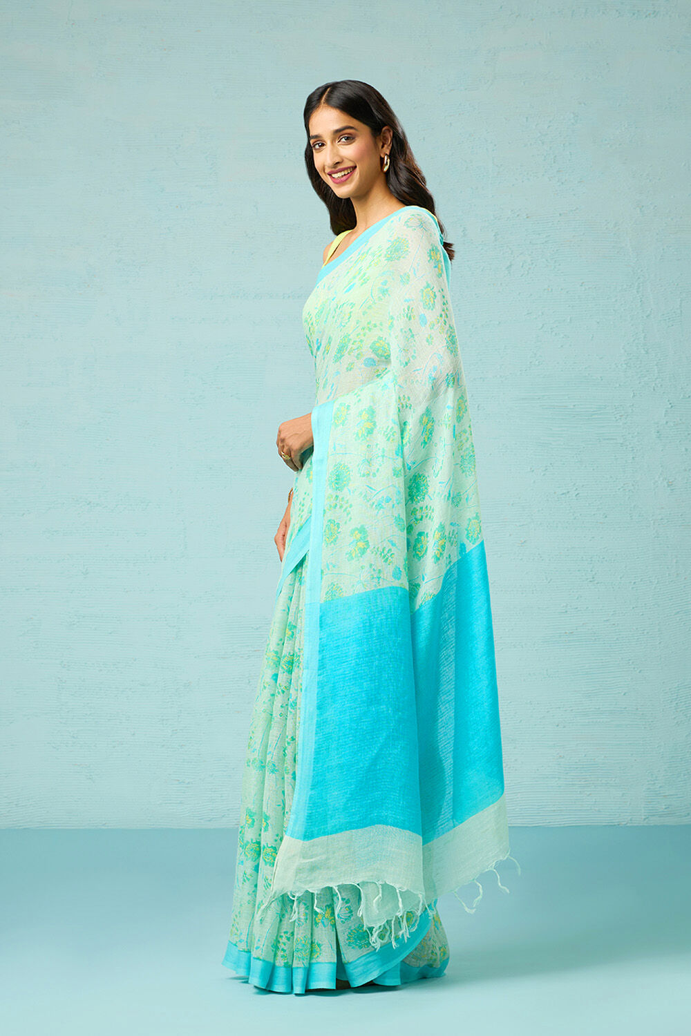 Blue Screen Printed Pure Linen Saree image number null