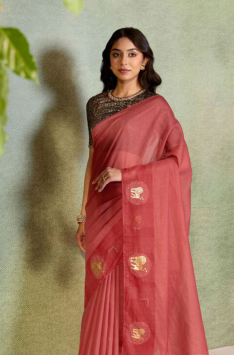 Light Red Block Printed Pure Silk Cotton Saree