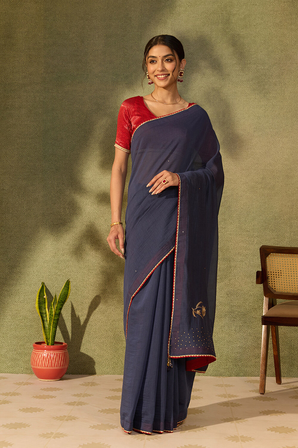 Dark Blue Pure Silk Cotton Embroidered Saree image number null