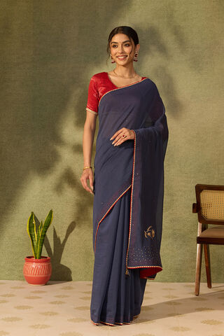 Dark Blue Pure Silk Cotton Embroidered Saree thumbnail image number null