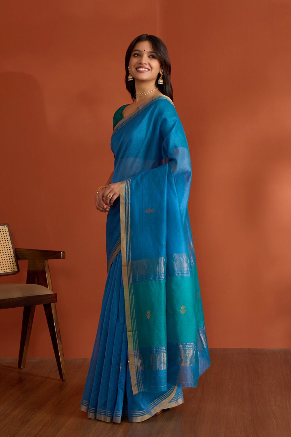 Dark Blue Pure Silk Cotton Chanderi Woven Saree image number null