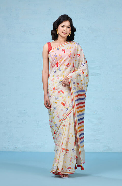 Off White Printed Pure Silk Cotton Saree
