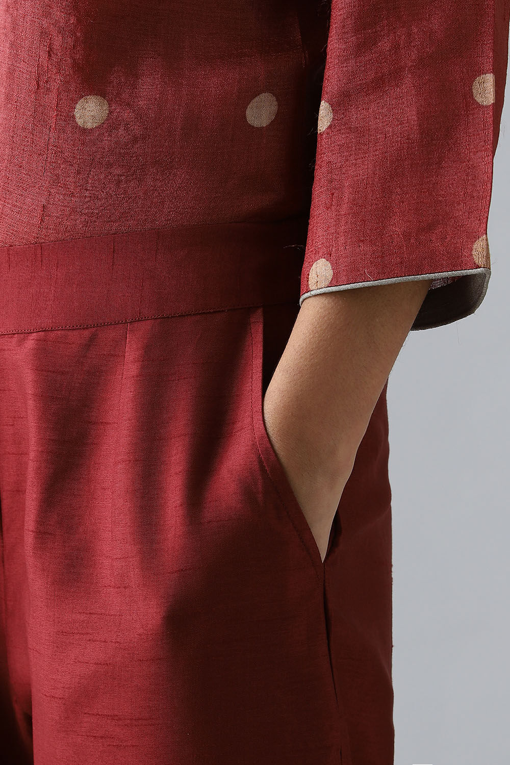 Dark Red Tussar Block Printed Kurta Set image number null