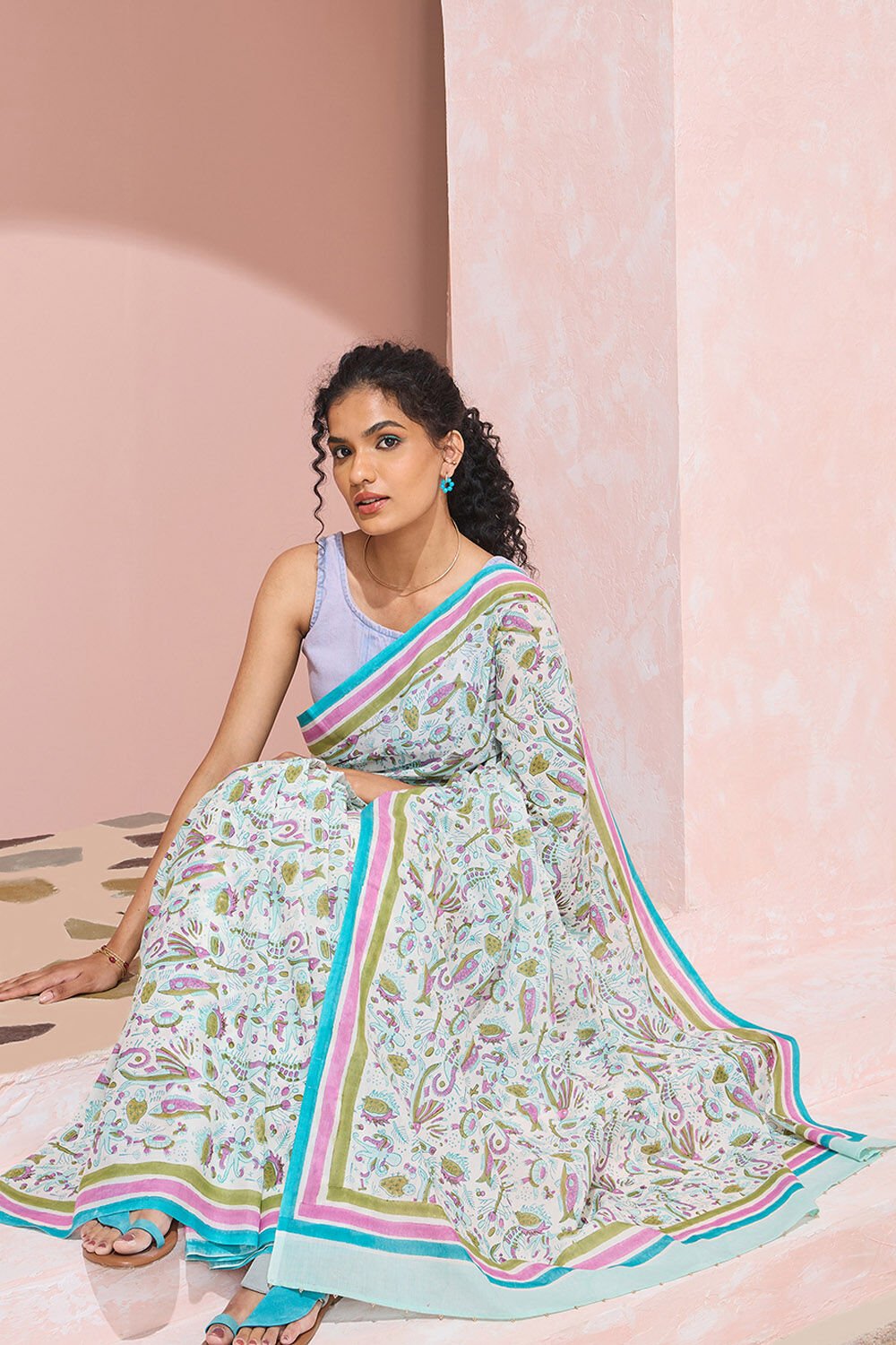 Off White Rajasthan Pure Cotton Printed Sanganeri Saree image number null