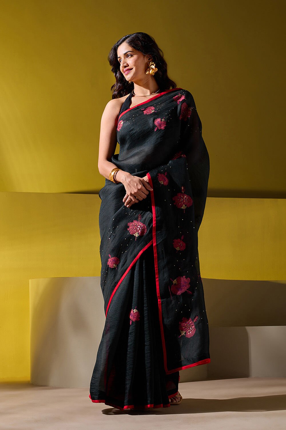 Black Pure Organza Printed Embroidery Saree image number null