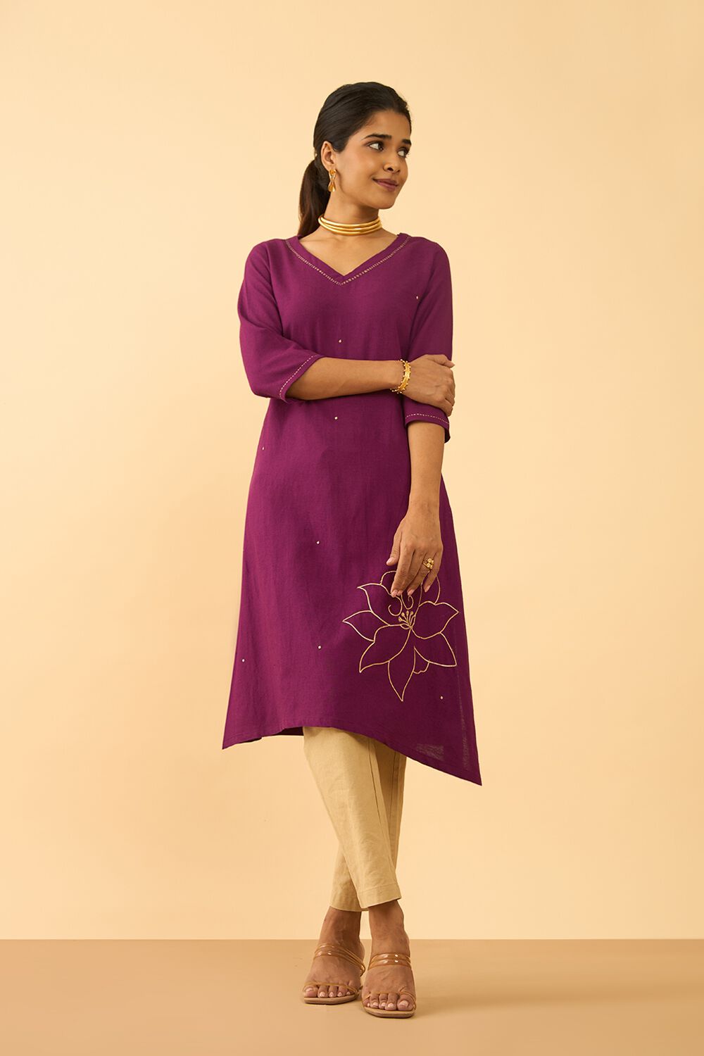 Violet Viscose Cotton Embroidered Kurta image number null