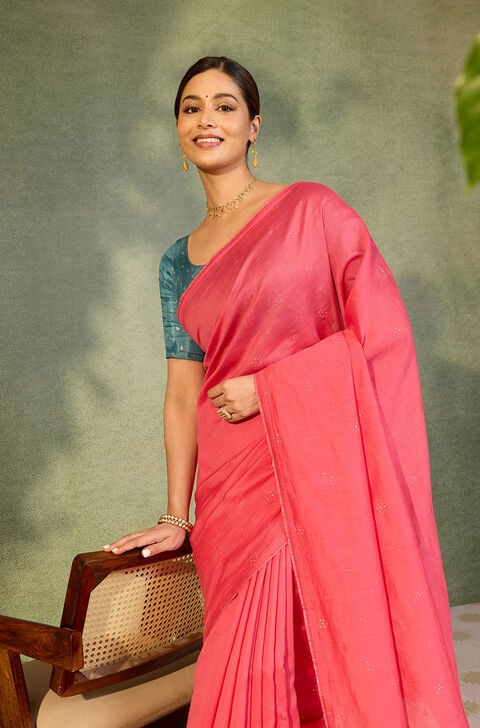 Pink Bengal Pure Silk Cotton Mukaish Embroidered Saree