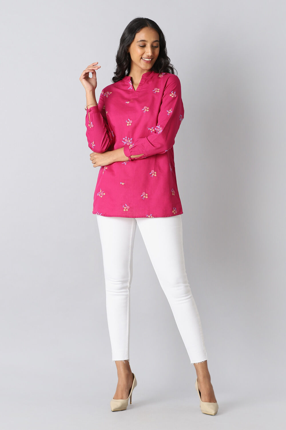 Dark Pink Linen Embroidered Kurta image number null