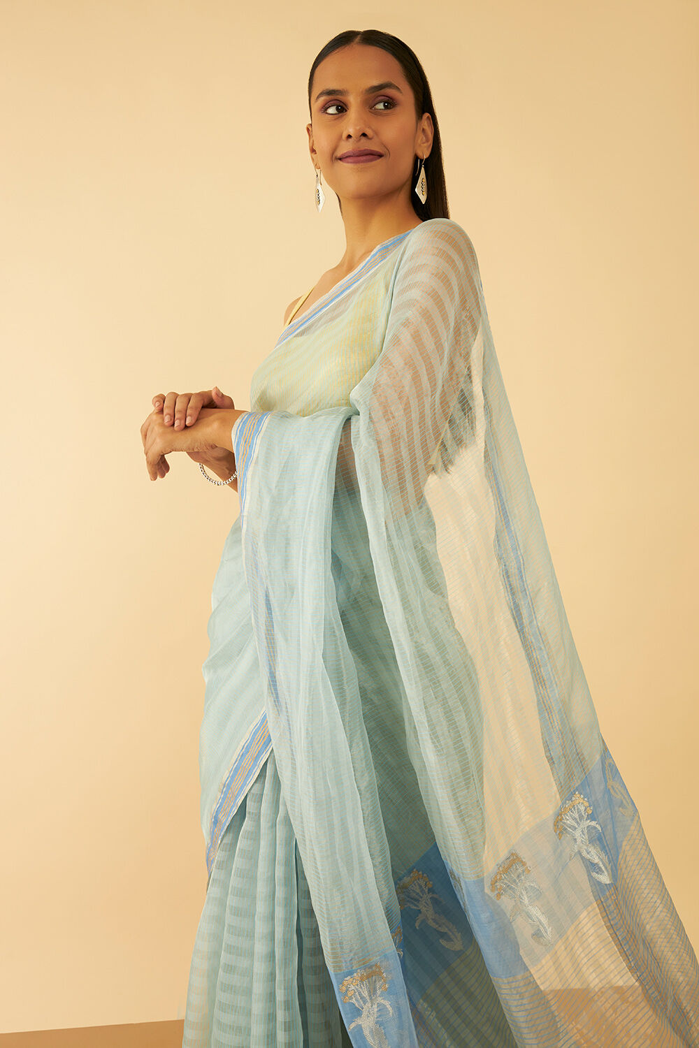 Blue Woven Pure Silk Tissue Chanderi Saree image number null