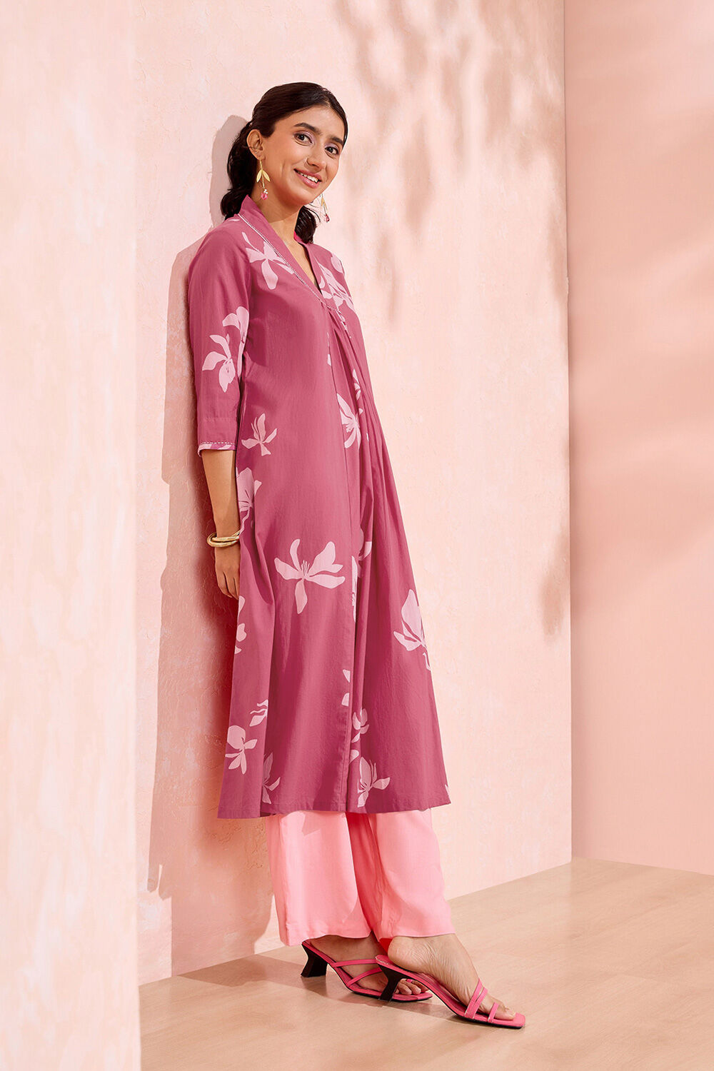 Dark Pink Screen Printed Pure Cotton Kurta image number null