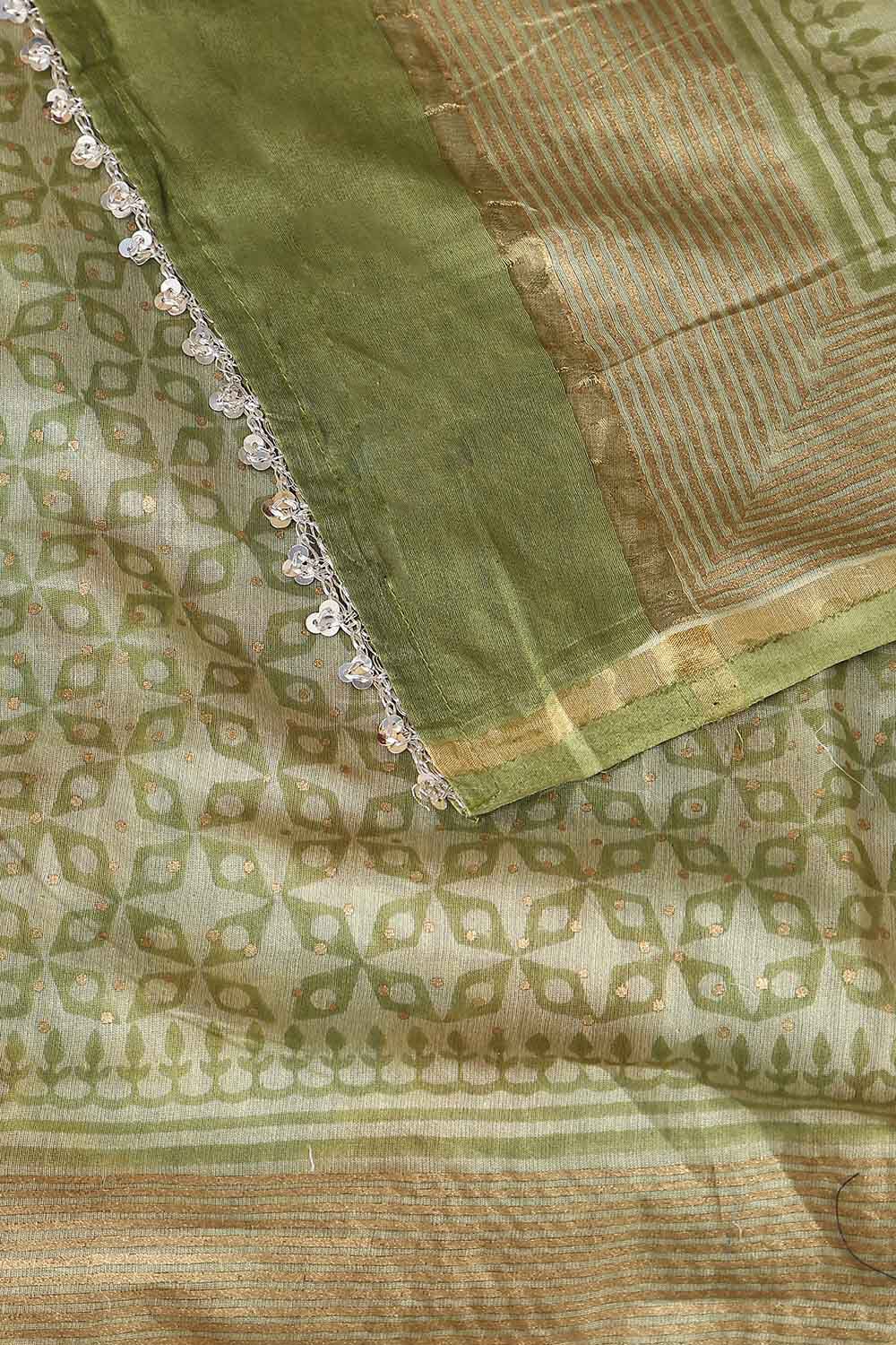 Green Silk Cotton Hand Printed Saree image number null
