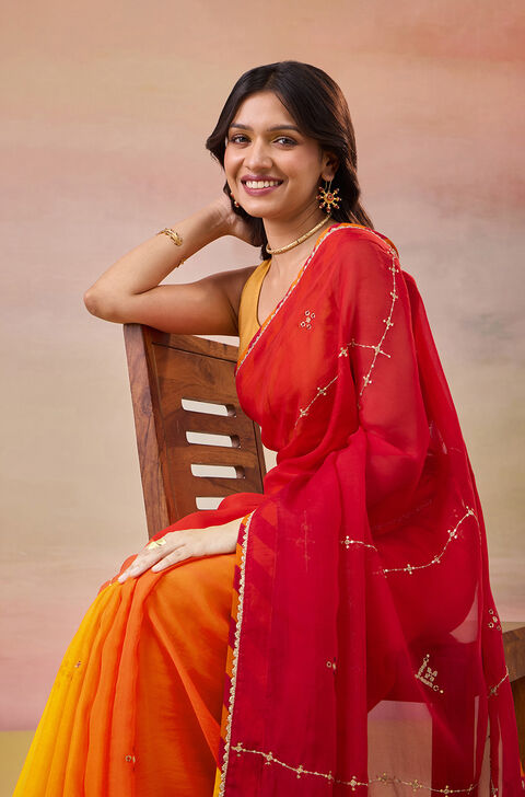 Orange Viscose Organza Embroidered Saree
