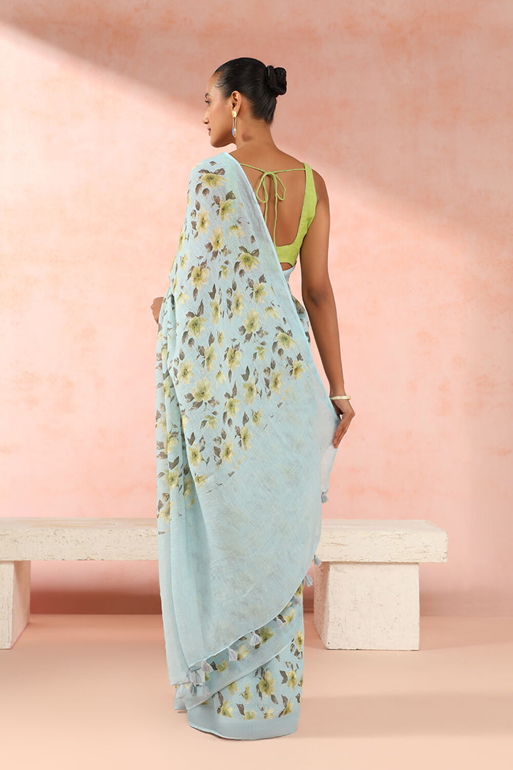 Blue Pure Linen Digital Printed Saree image number null