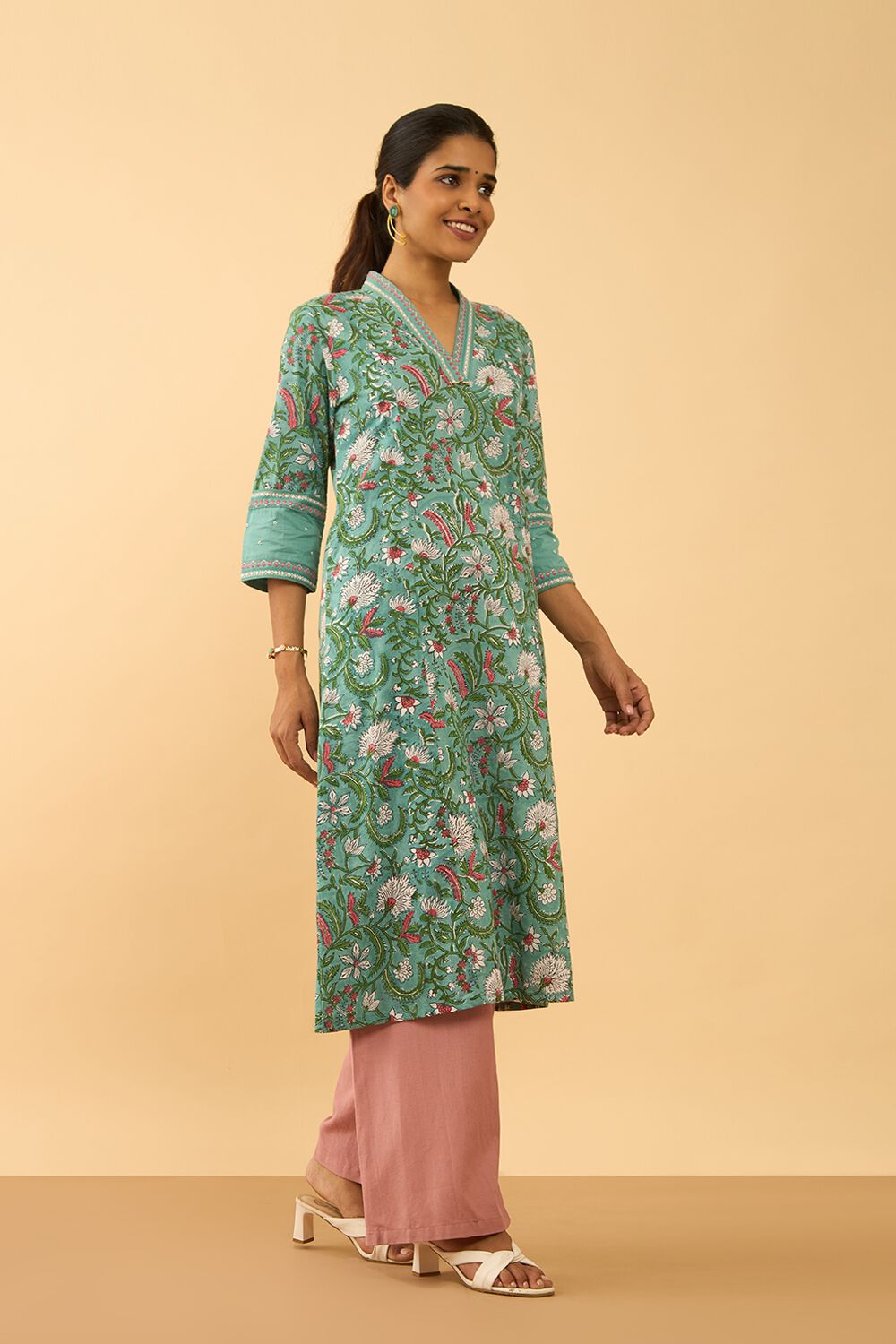 Light Blue Pure Cotton Printed Sanganeri Kurta image number null