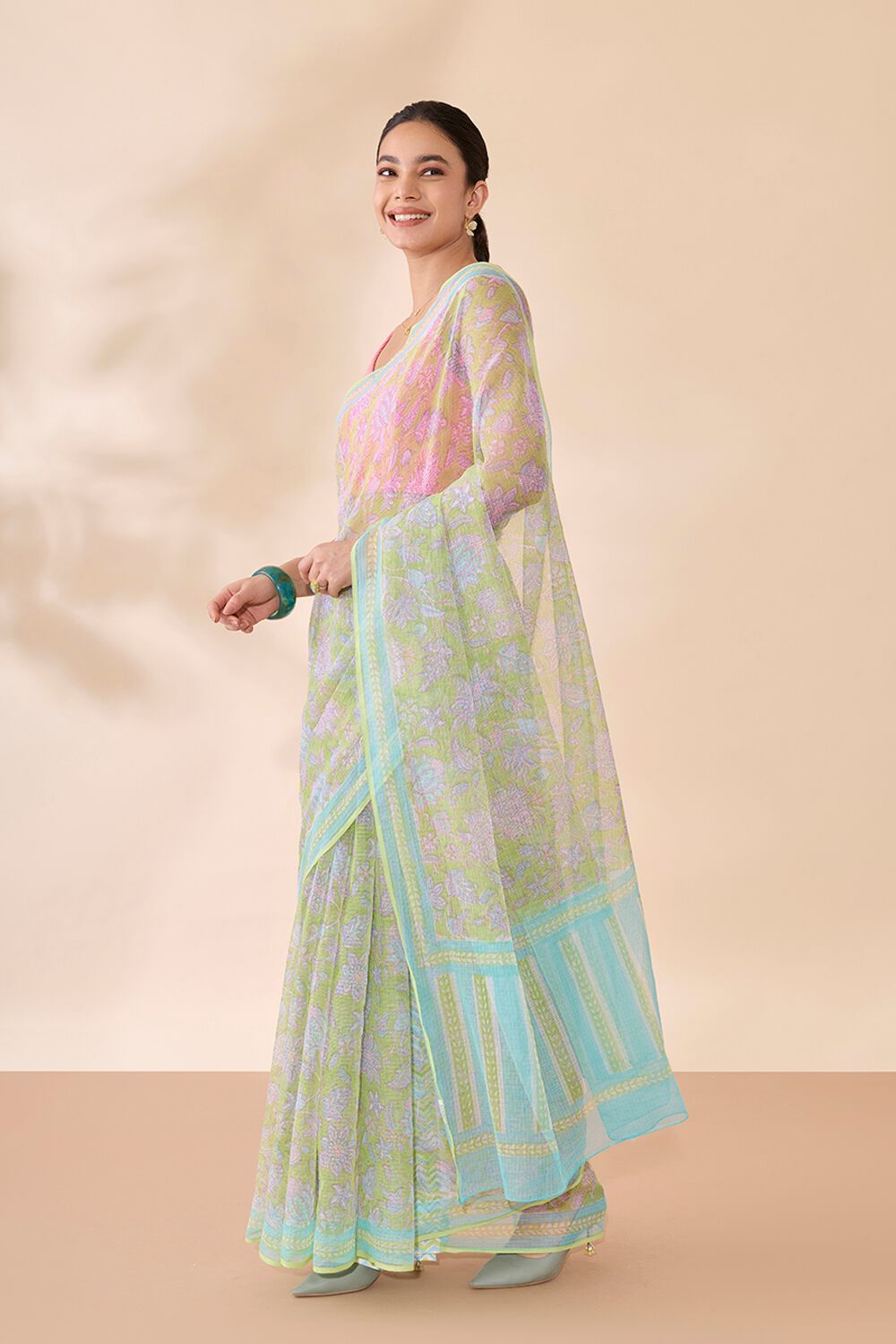 Green Rajasthan Block Printed Pure Cotton Kota Saree image number null