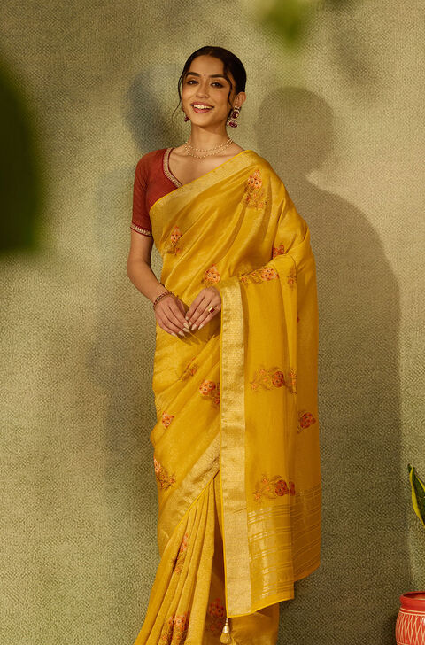 Yellow Viscose Tissue Embroidered Saree