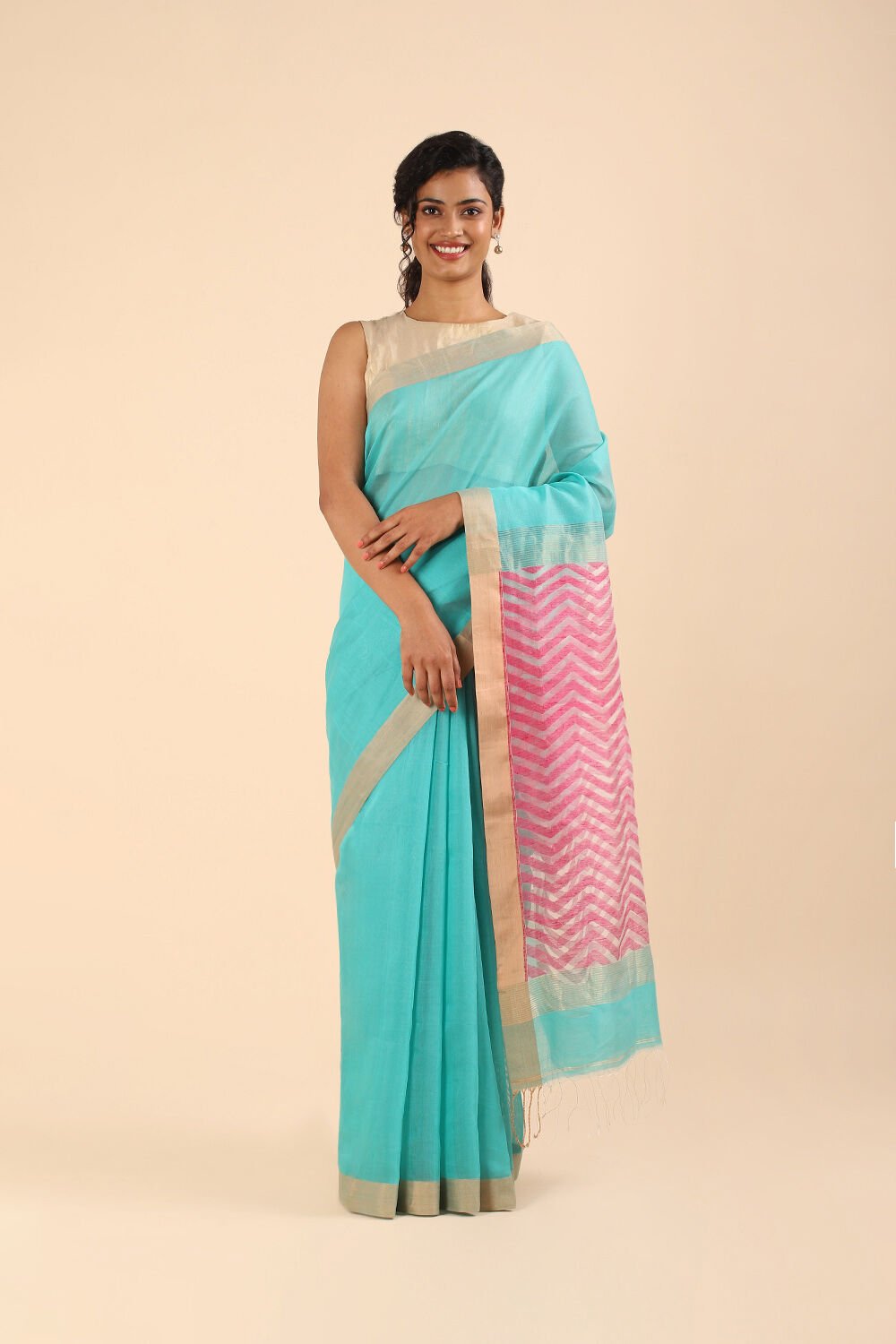 Light Blue Pure Silk Cotton Bengal Saree image number null