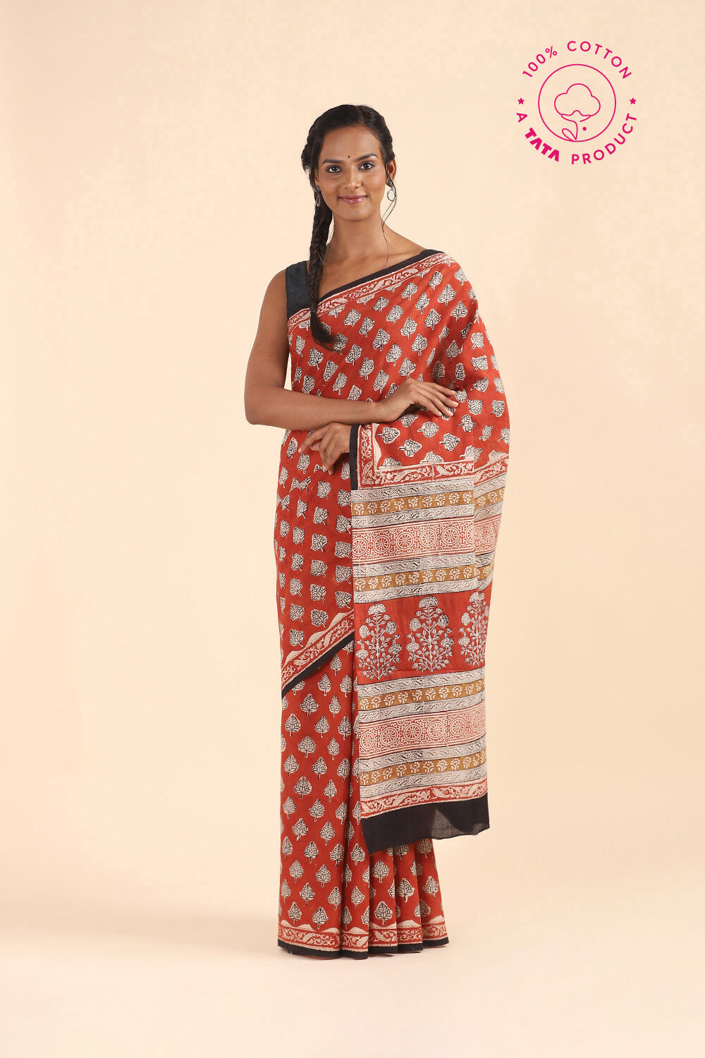 Dark Red Pure Cotton Bagru Printed Saree image number null