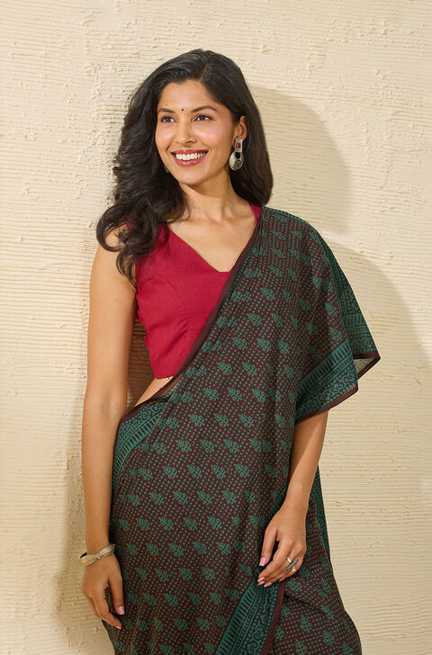Dark Green Bagh Block Printed Pure Cotton Saree