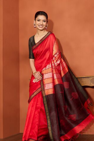 Red Bhagalpur Woven Pure Tussar Silk Saree image number