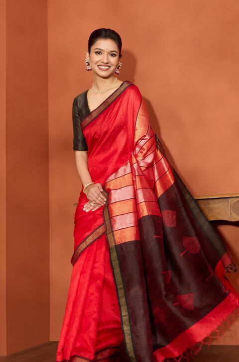 Red Bhagalpur Woven Pure Tussar Silk Saree
