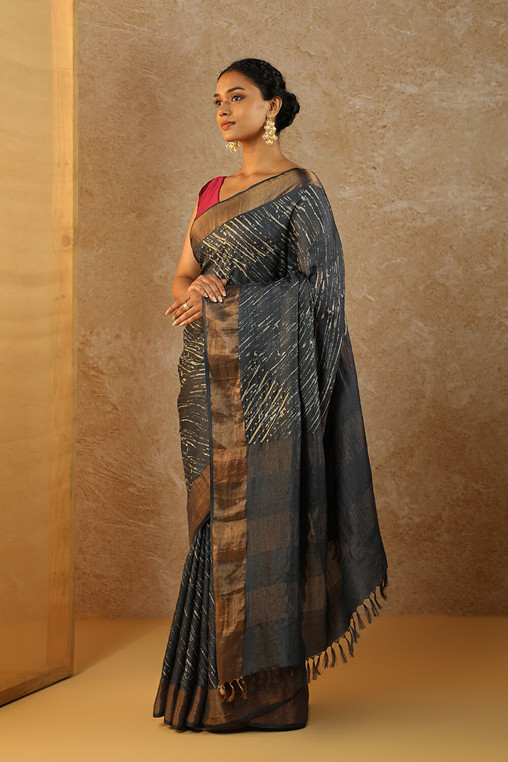 Navy Pure Tussar Silk Hand Painted Saree image number null