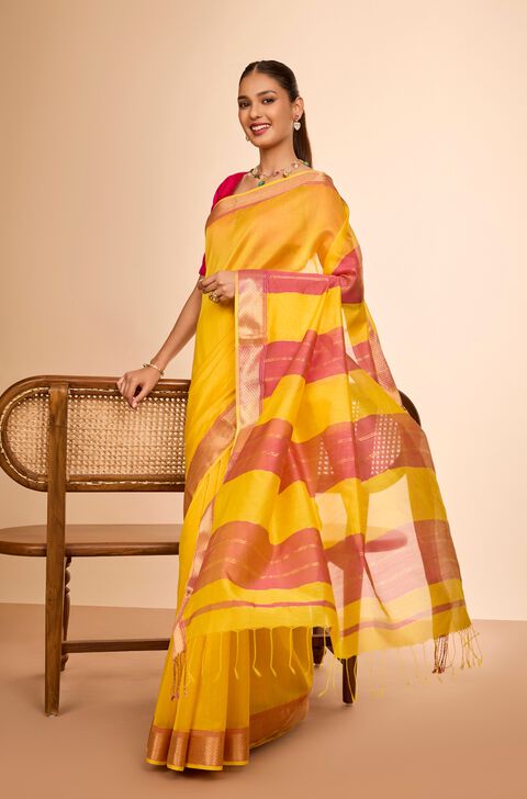 Yellow Woven Pure Silk Cotton Maheshwari Saree