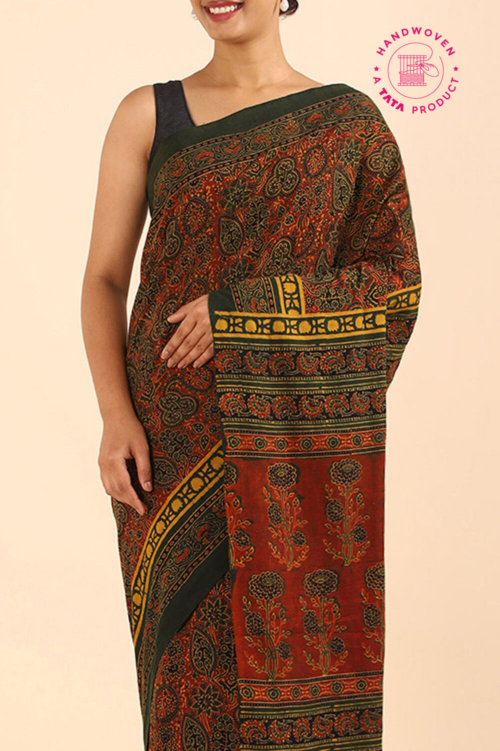 Red Pure Khadi Cotton Ajrakh Printed Saree image number null